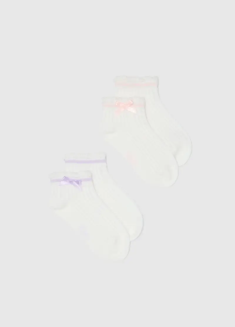 Bipack Calze In Misto Cotone Bianco Da Bambina Con Fiocchetto, Bianco