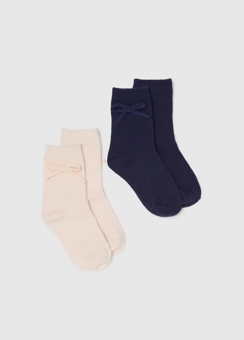 Bipack Di Calze Da Bambina In Cotone Blu Con Fiocco, Multicolor