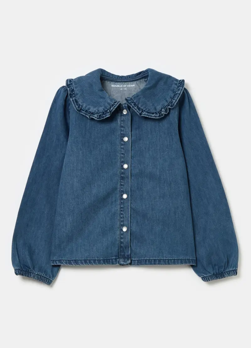 Blusa In Denim Con Colletto E Bottoni Perlati, Bambina, Denim