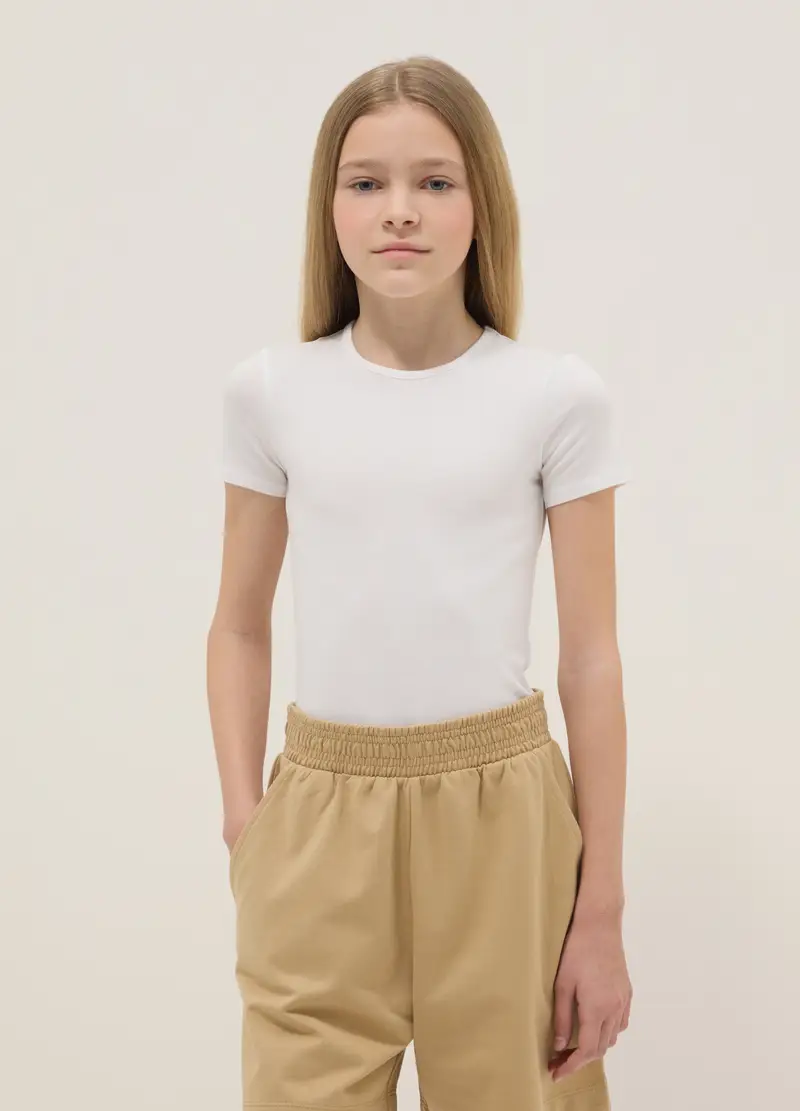 Body Fitted In Cotone Elasticizzato Bianco Da Ragazza, Bambina, Bianco