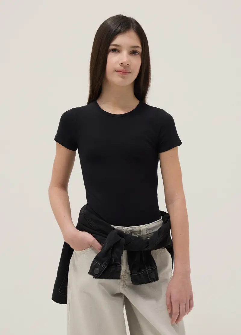 Body Fitted In Cotone Elasticizzato Nero Da Ragazza, Bambina, Nero