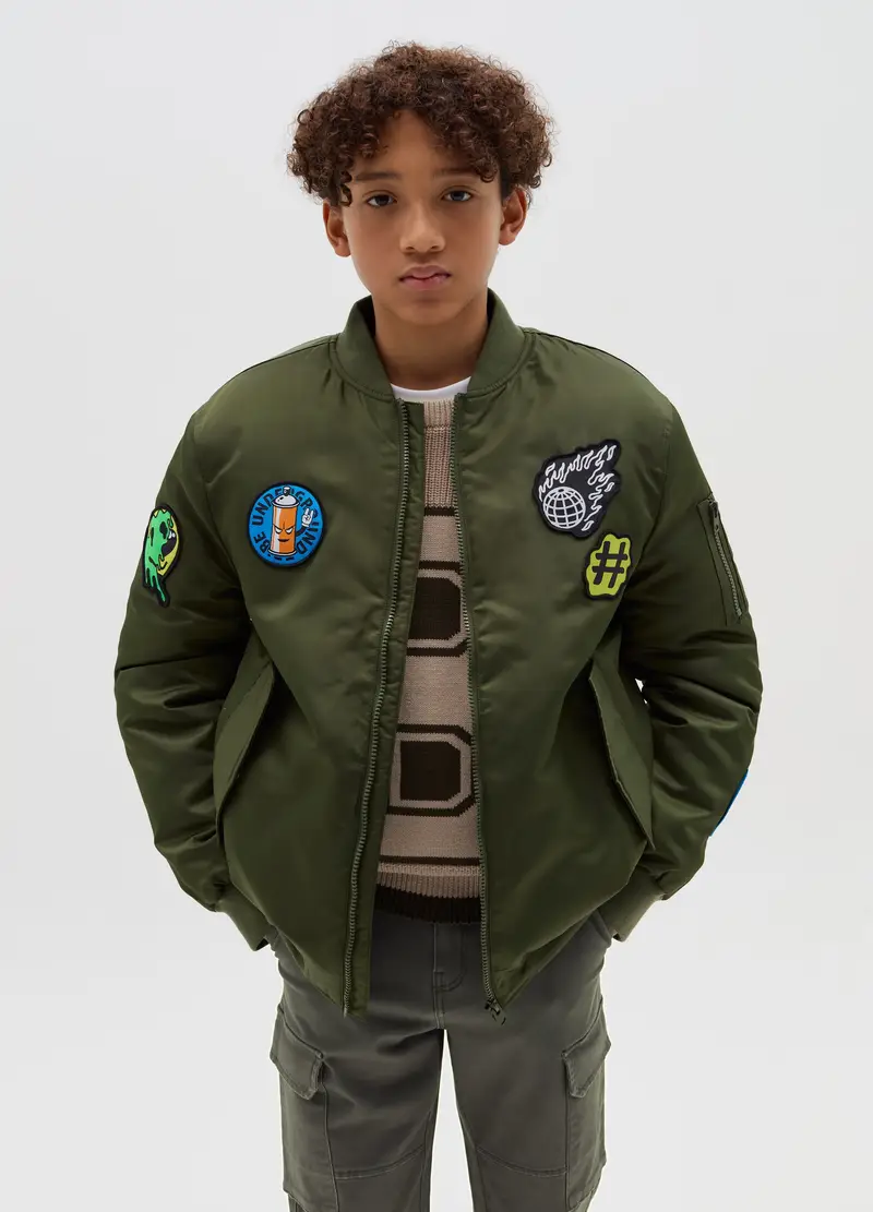 Bomber Aviatore Full-zip Con Patch, Bambino, Verde