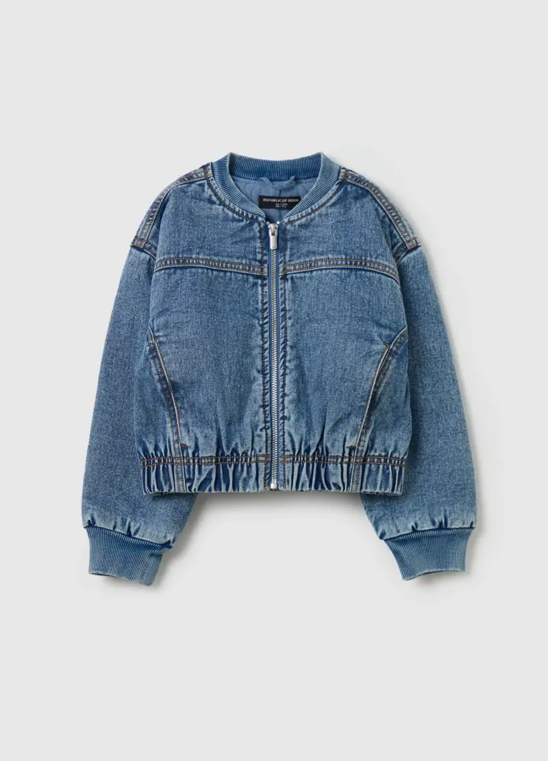 Bomber In Denim Con Patch Cuore, Bambina, Denim