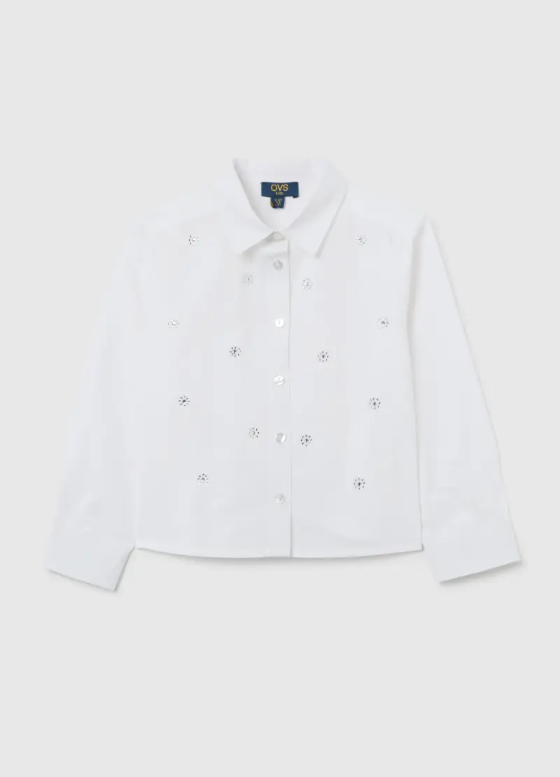 Camicia Da Bambina In Puro Cotone Bianca Regular Fit Con Ricami, Bianco