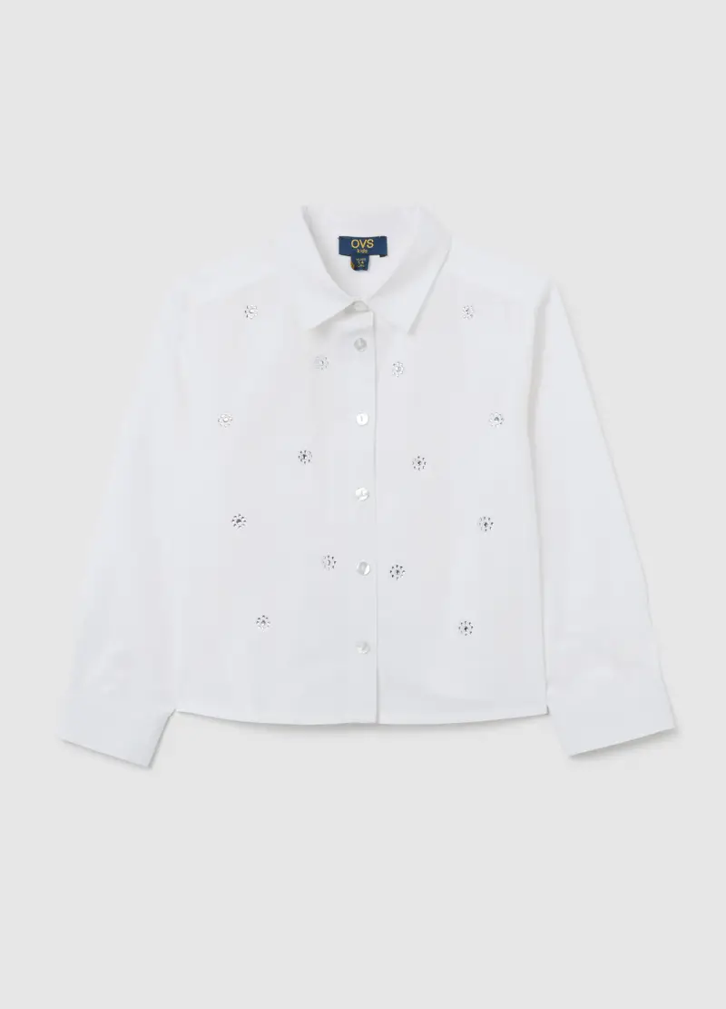 Camicia Da Bambina In Puro Cotone Bianca Regular Fit Con Ricami, Bianco