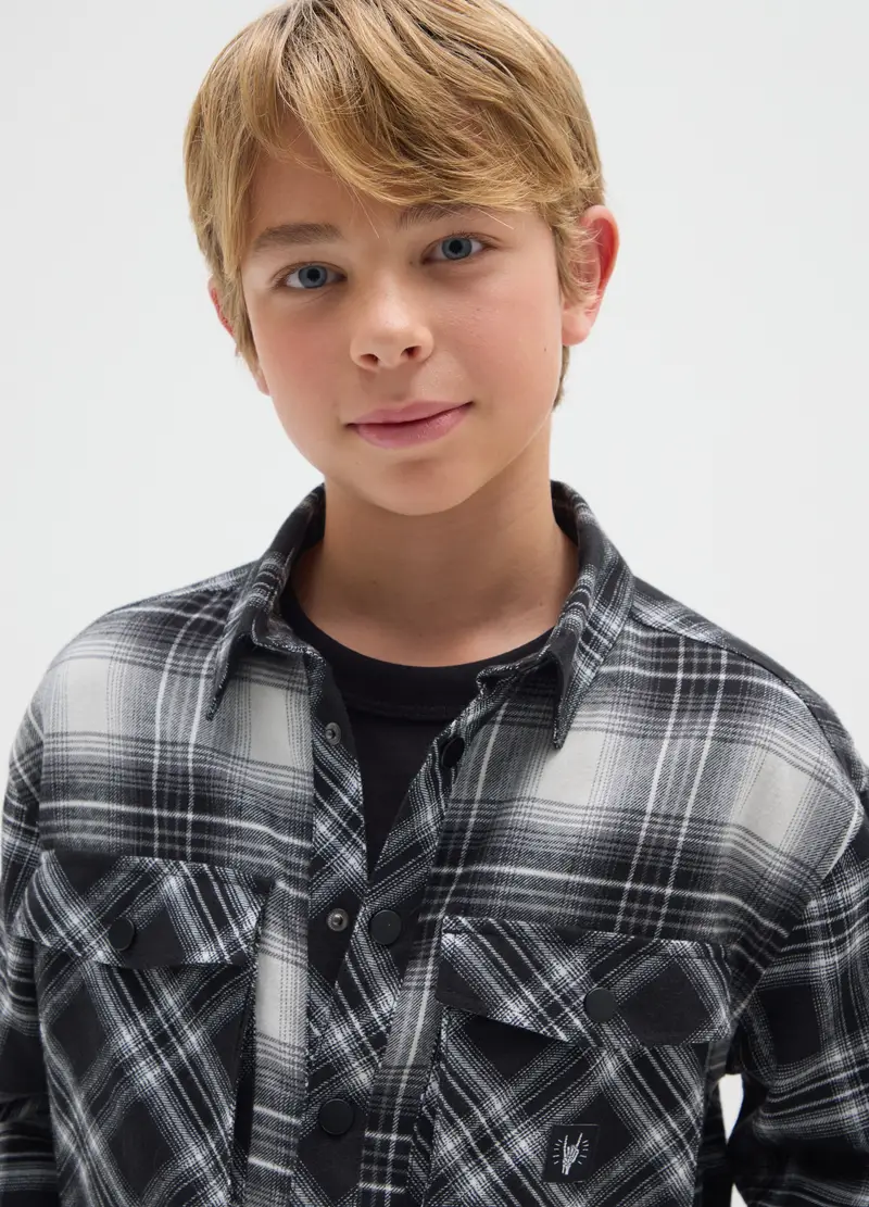 Camicia Da Ragazzo In Puro Cotone Nera A Quadri Over Fit, Bambino, Multicolor miniatura 3