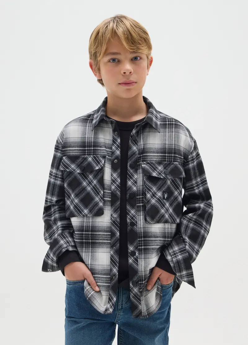 Camicia Da Ragazzo In Puro Cotone Nera A Quadri Over Fit, Bambino, Multicolor