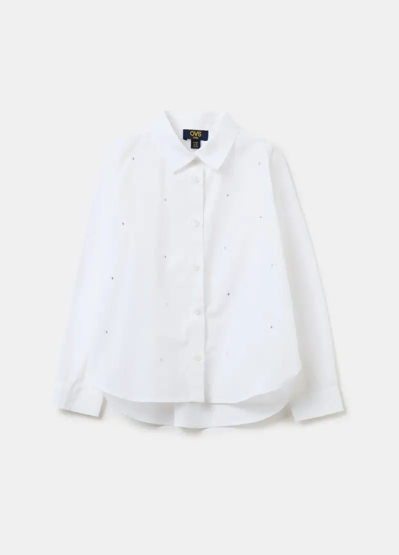 Camicia In Cotone Con Strass, Bambina, Bianco