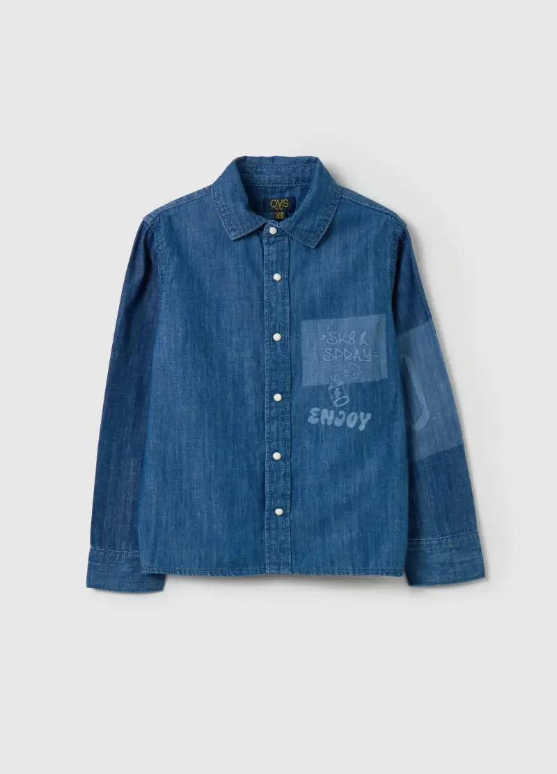 Camicia In Denim Con Stampa, Bambino, Denim