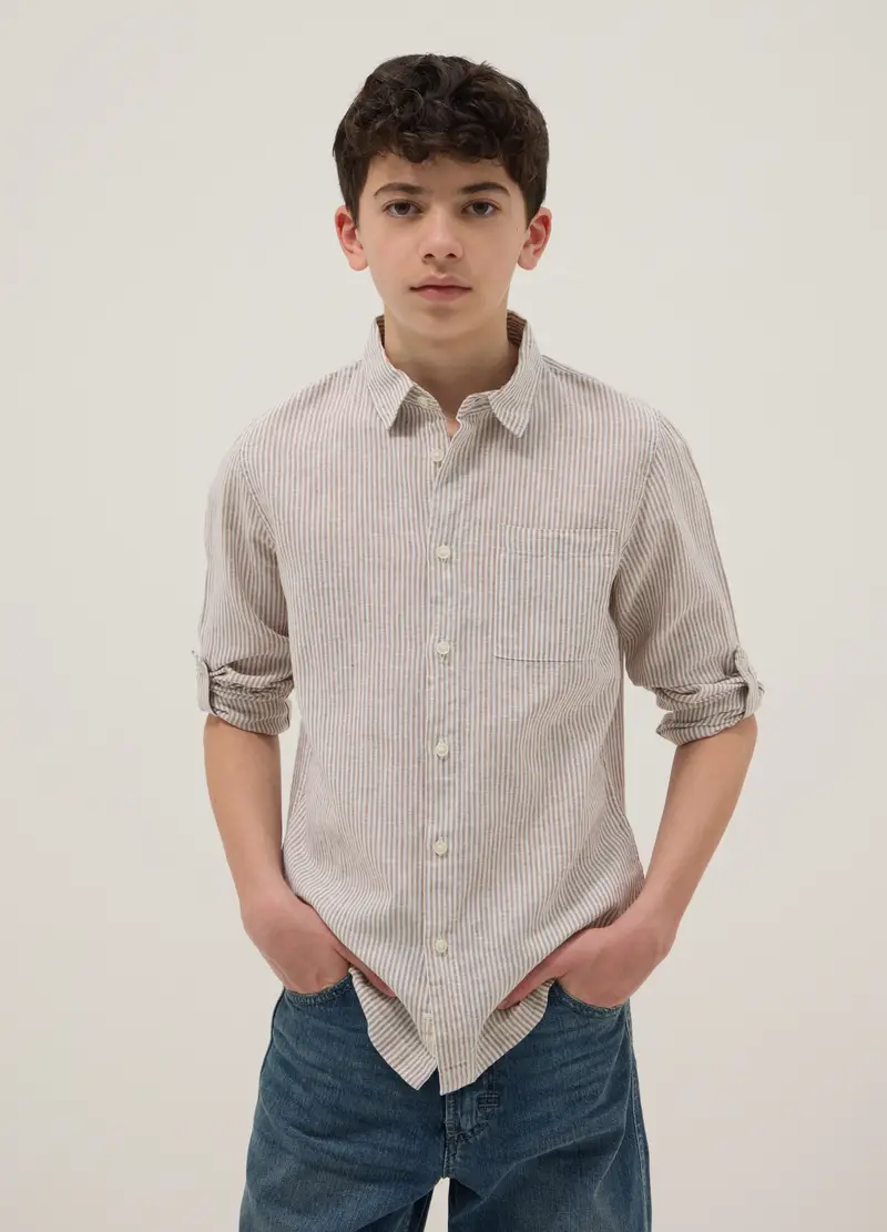 Camicia In Misto Lino A Righe Multicolor Da Ragazzo Regular Fit, Bambino, Multicolor miniatura 2