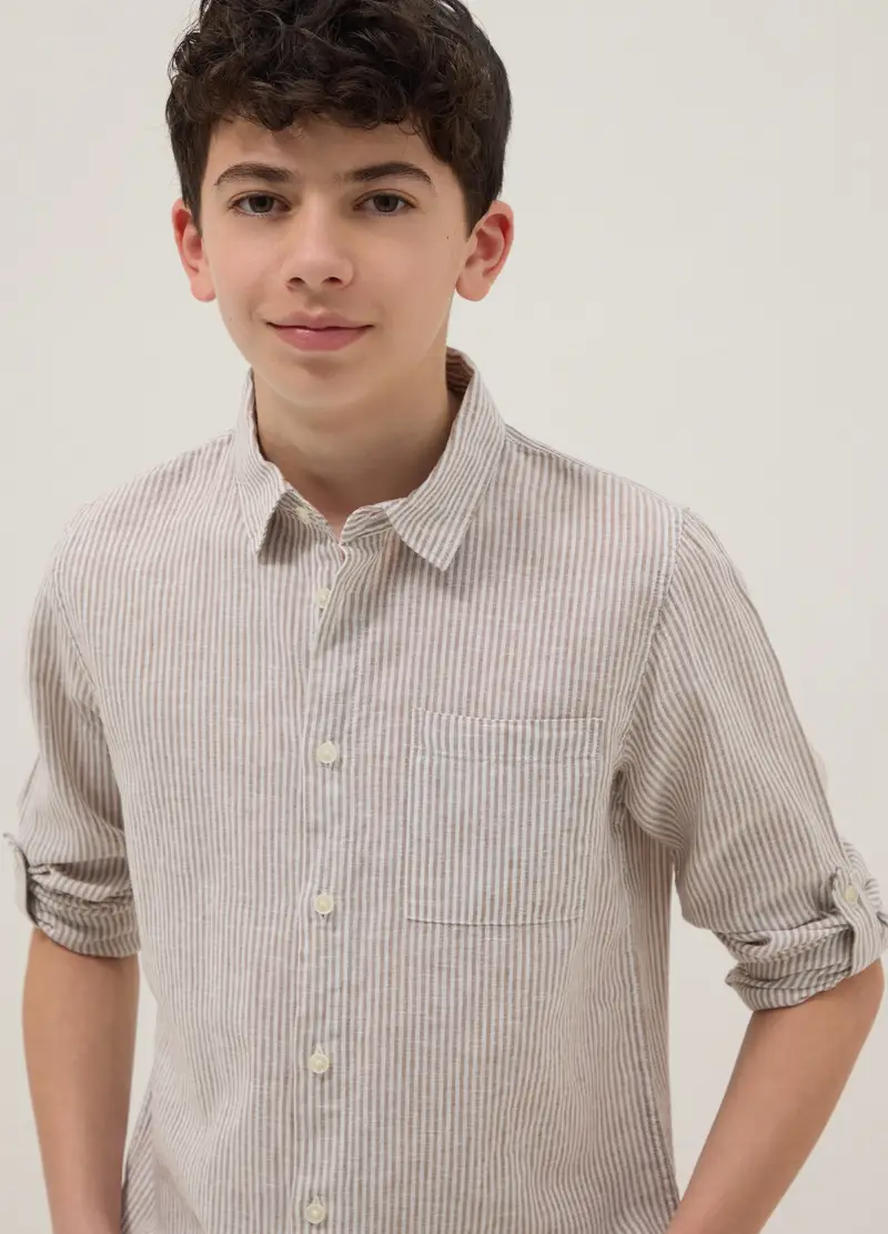 Camicia In Misto Lino A Righe Multicolor Da Ragazzo Regular Fit, Bambino, Multicolor