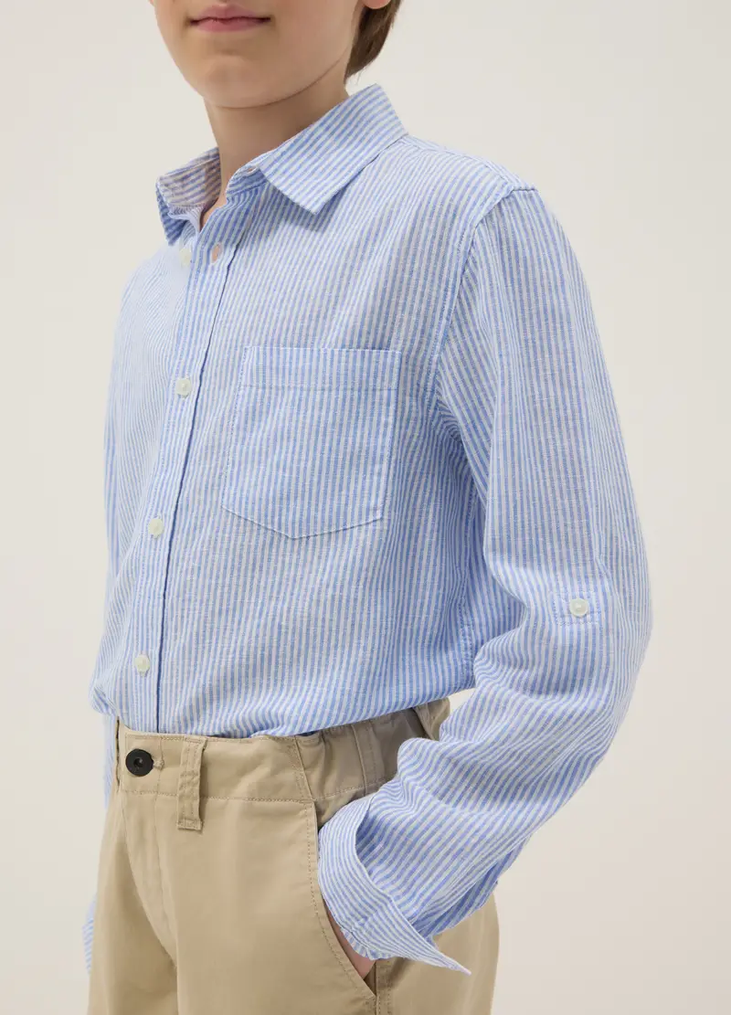 Camicia In Misto Lino A Righe Multicolor Da Ragazzo Regular Fit, Bambino, Multicolor miniatura 3