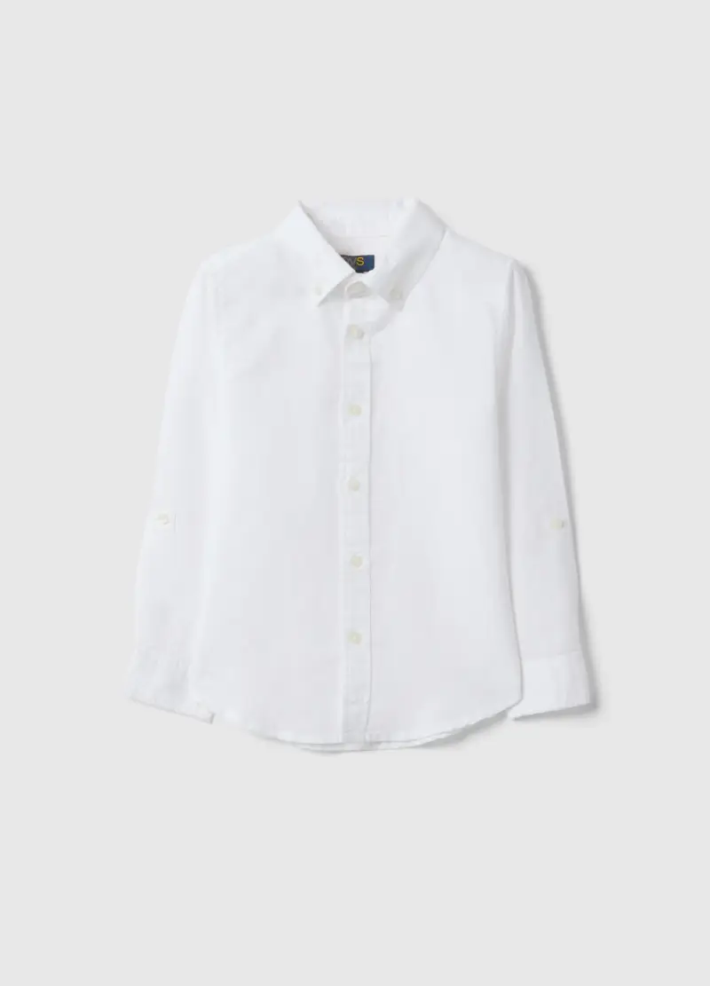 Camicia In Misto Lino E Cotone Bianca Da Bambino Regular Fit, Bianco