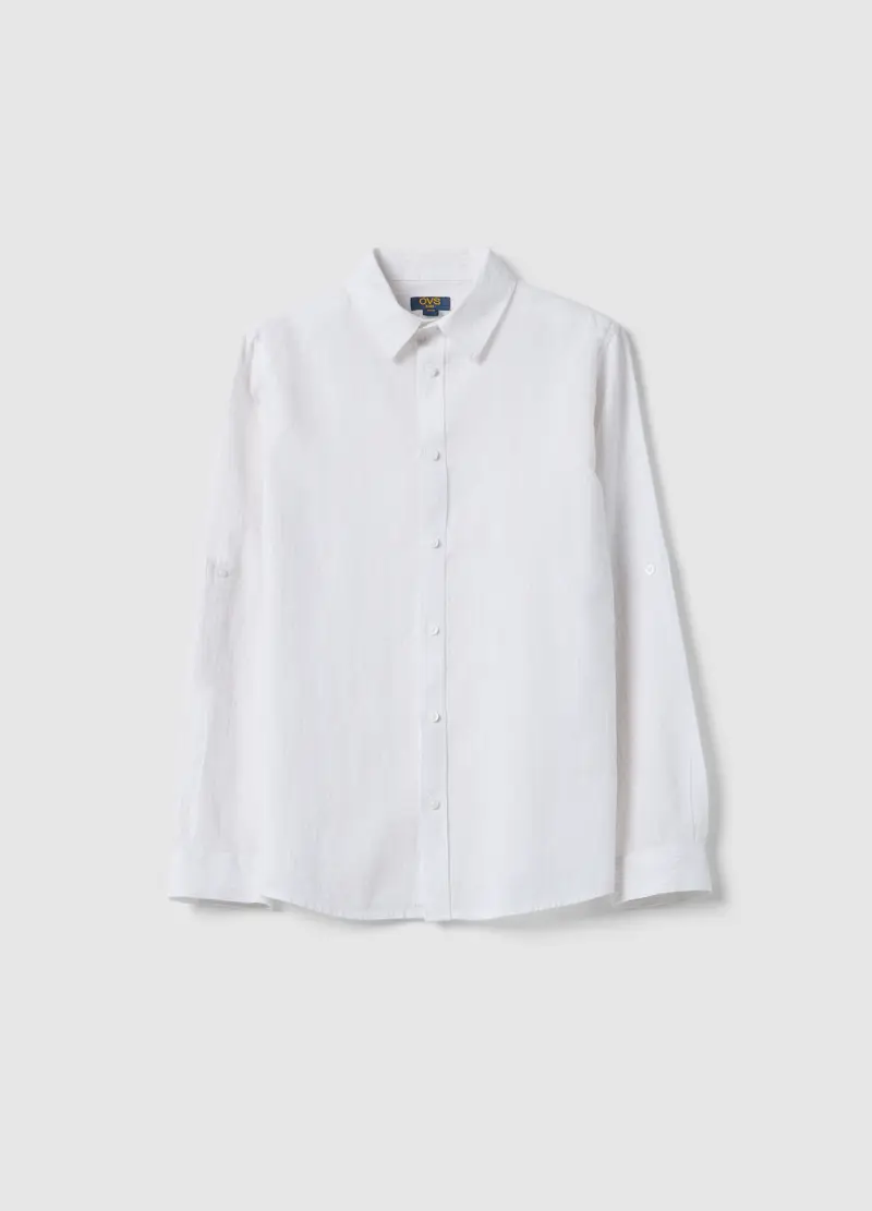 Camicia In Misto Lino E Cotone Bianca Da Ragazzo Regular Fit, Bambino, Bianco