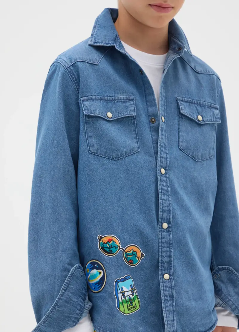Camicia Western Reup Con Patch Colorate In Denim, Bambino, Denim miniatura 3