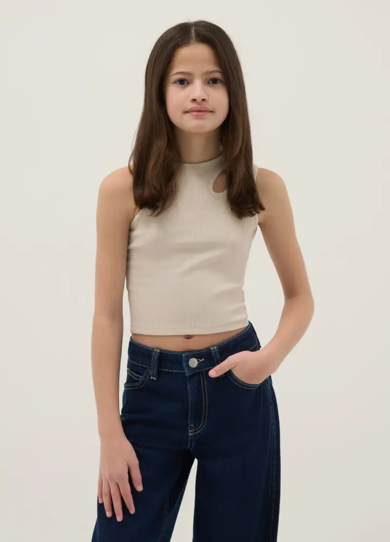 Canotta Fitted In Cotone Elasticizzato Beige Da Ragazza, Bambina, Beige