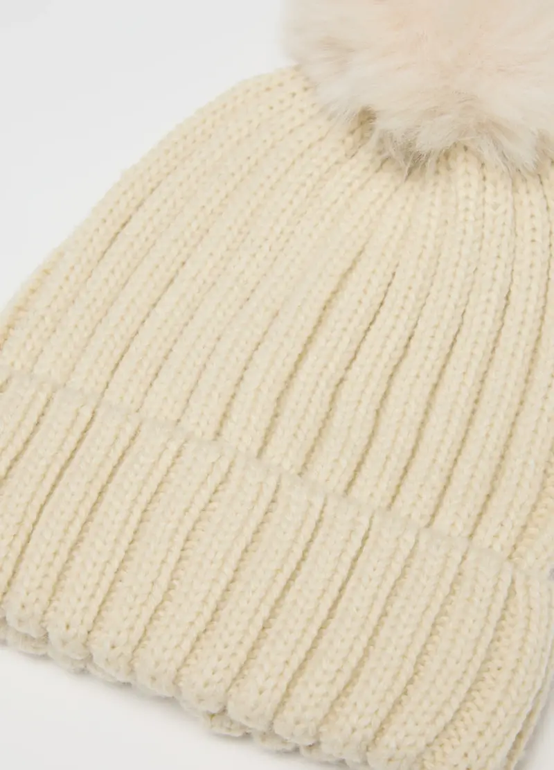 Cappello Da Bambina Beige Con Pon Pon, Beige miniatura 2