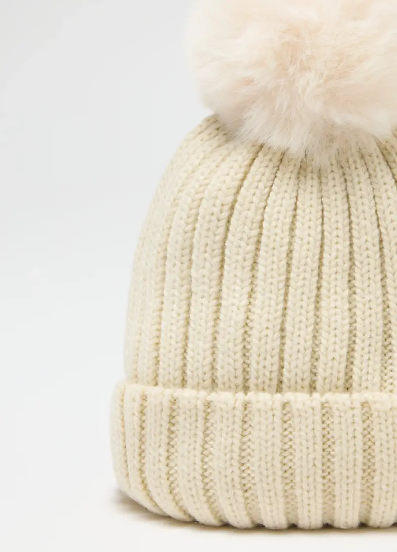 Cappello Da Bambina Beige Con Pon Pon, Beige miniatura 3