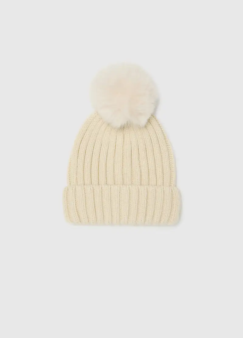 Cappello Da Bambina Beige Con Pon Pon, Beige