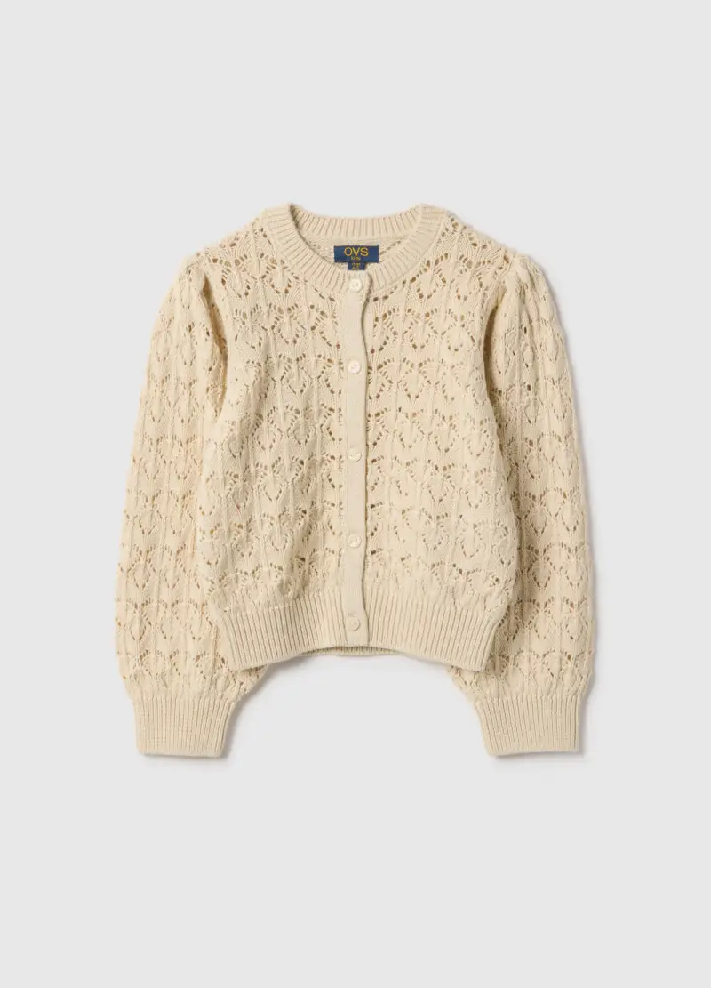 Cardigan In Puro Cotone Beige Da Bambina Regular Fit Con Motivo Traforato, Beige