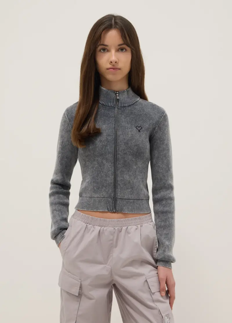 Cardigan In Puro Cotone Grigio Da Ragazza Slim Fit Con Full Zip, Bambina, Grigio