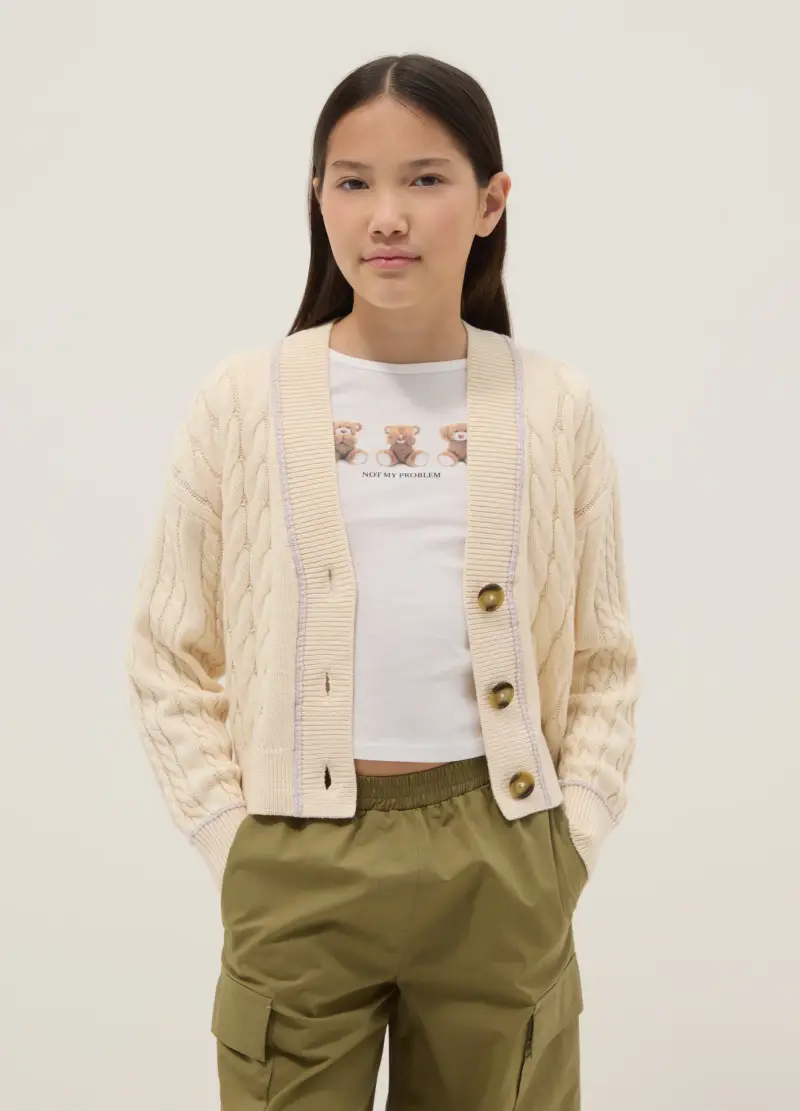 Cardigan Intrecciato In Misto Cotone Beige Da Ragazza Oversize Fit, Bambina, Beige