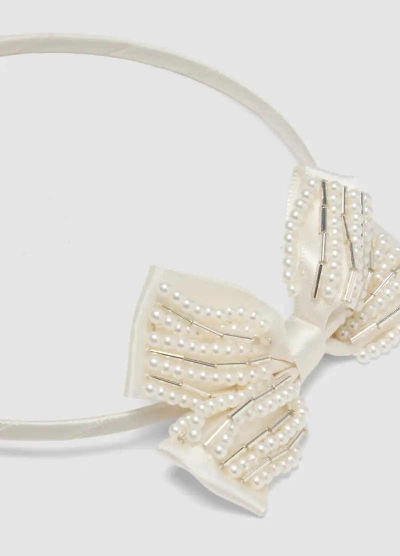 Cerchietto Bianco Con Perline Per Bambine Con Fiocco, Bambina, Bianco miniatura 2