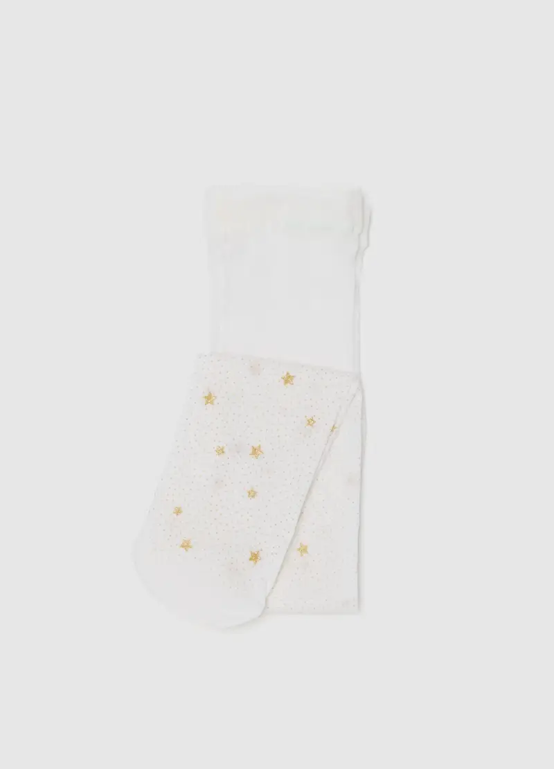 Collant Bianco Con Stelle Dorate, Bambina, Bianco