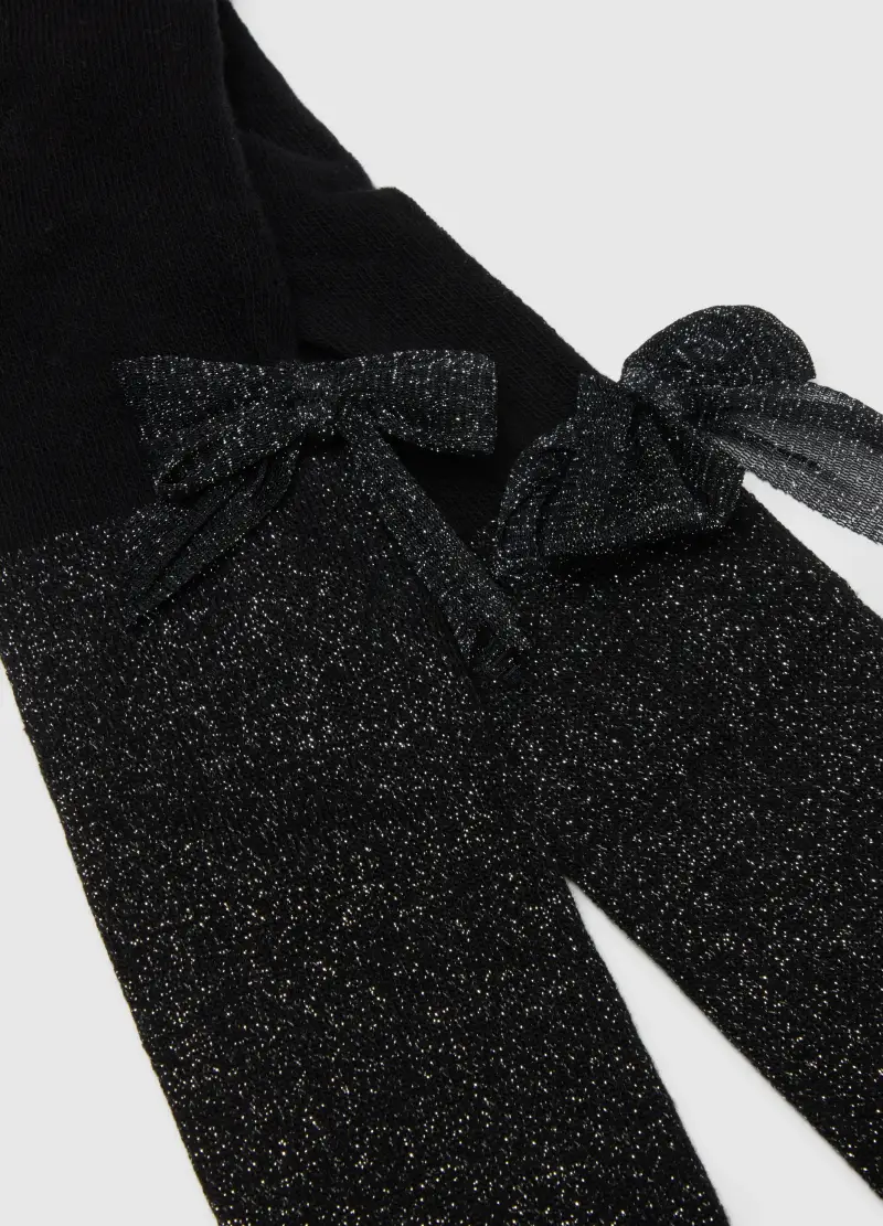 Collant Da Bambina In Misto Cotone Neri Glitterati Con Fiocchi, Nero miniatura 3