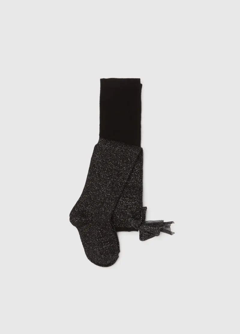 Collant Da Bambina In Misto Cotone Neri Glitterati Con Fiocchi, Nero