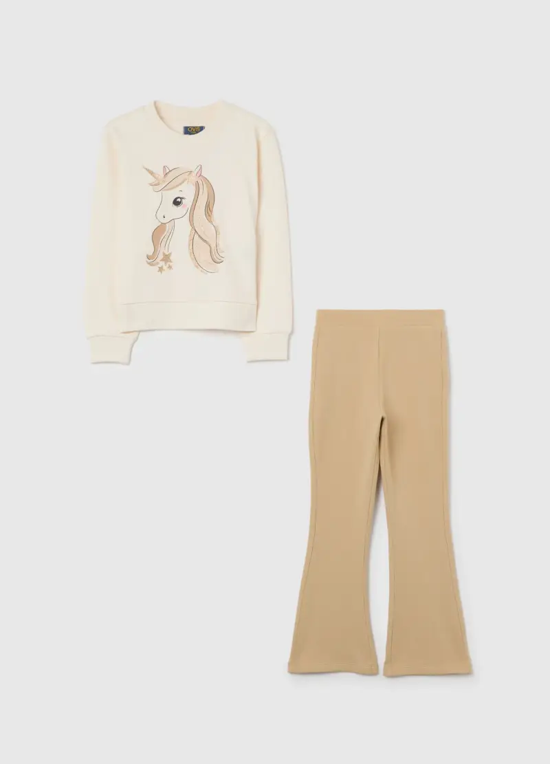 Completo Bianco E Beige Jogging Con Unicorno, Bambina, Beige