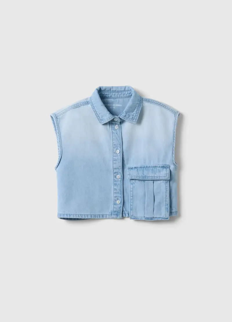 Crop Shirt In Misto Cotone Denim Azzurra Da Bambina Regular Fit, Denim