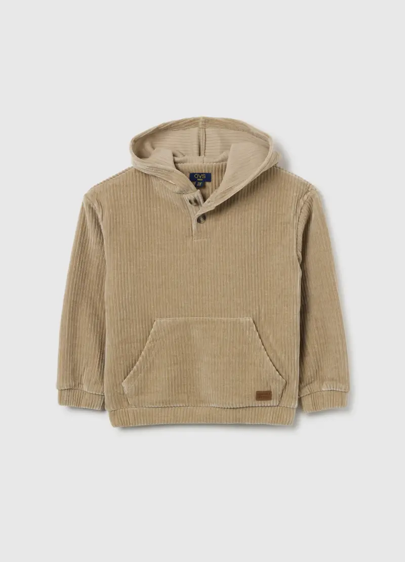 Felpa Beige Con Cappuccio In Velour, Bambino, Beige