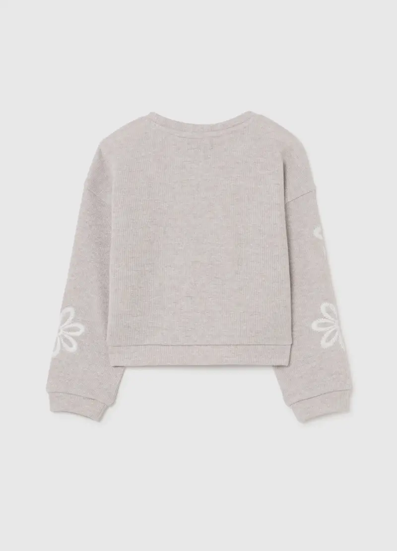Felpa Beige Da Bambina In Misto Cotone Regular Fit Con Fiori Ricamati, Beige miniatura 2