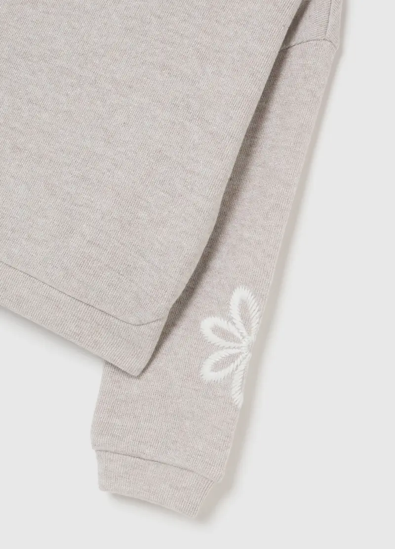 Felpa Beige Da Bambina In Misto Cotone Regular Fit Con Fiori Ricamati, Beige miniatura 3