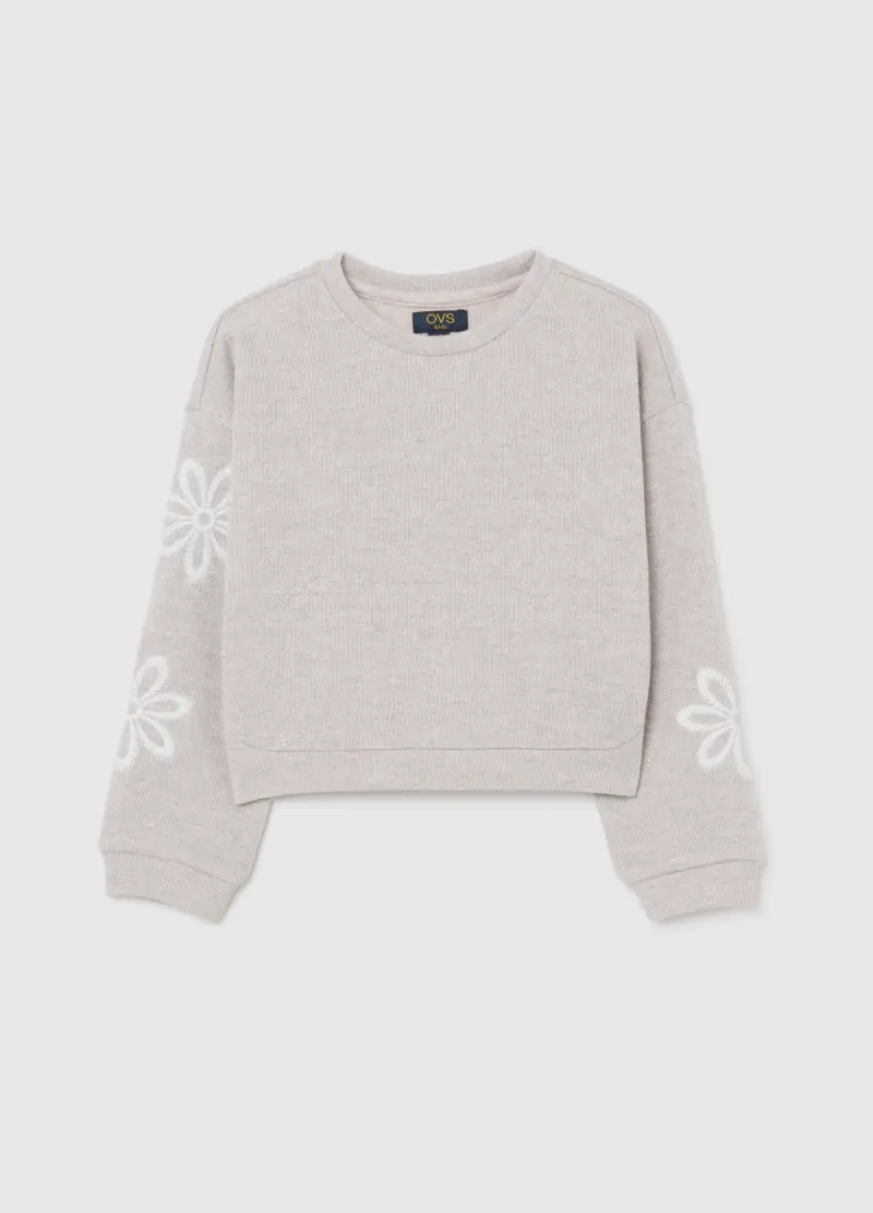 Felpa Beige Da Bambina In Misto Cotone Regular Fit Con Fiori Ricamati, Beige