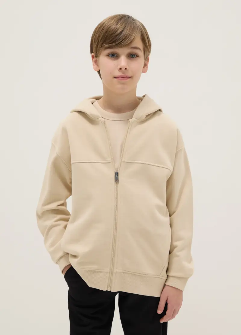 Felpa Beige Per Ragazzo In Puro Cotone Vestibilità Over Con Cappuccio E Zip, Bambino, Beige