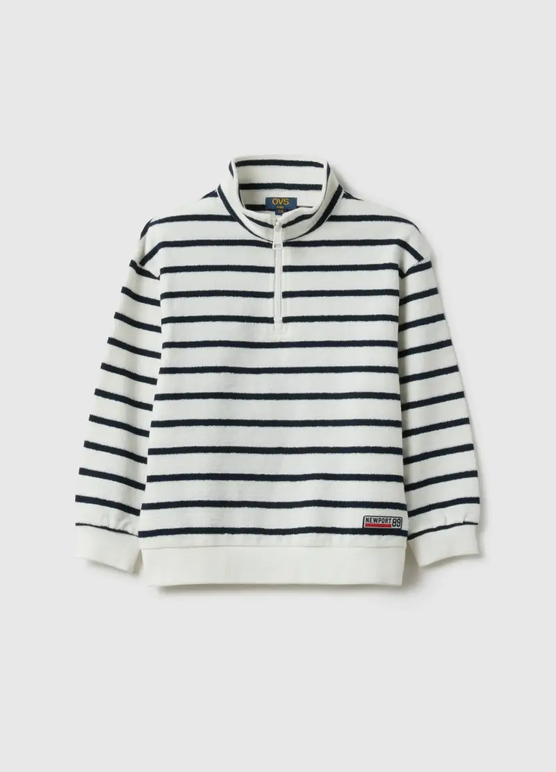 Ovs Kids Felpa Bianca a Righe con Zip a Mezza Lunghezza per Bambino