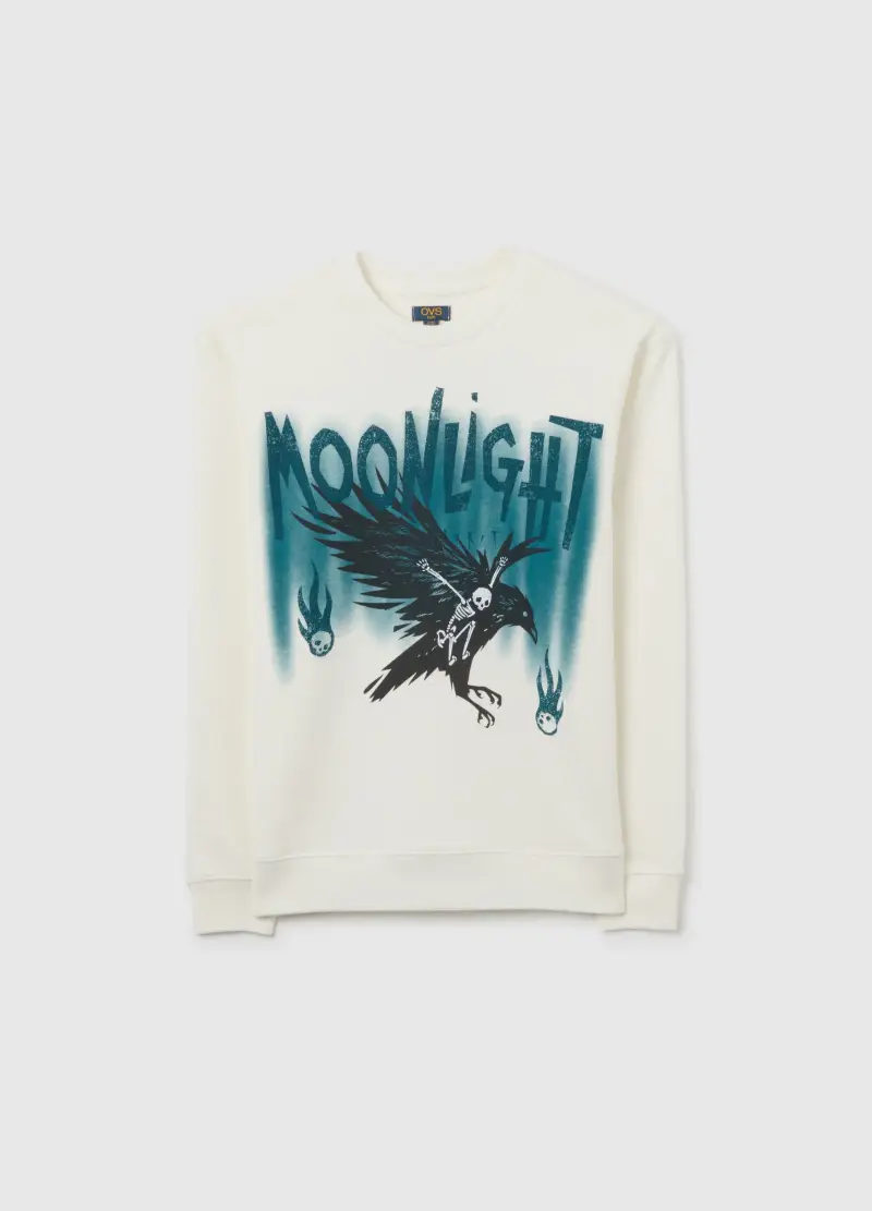 Felpa Bianca Da Ragazzo Con Stampa In Puro Cotone Vestibilità Oversize, Bambino, Bianco