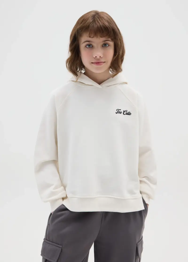 Felpa Bianco In Cotone Con Cappuccio, Bambina, Bianco