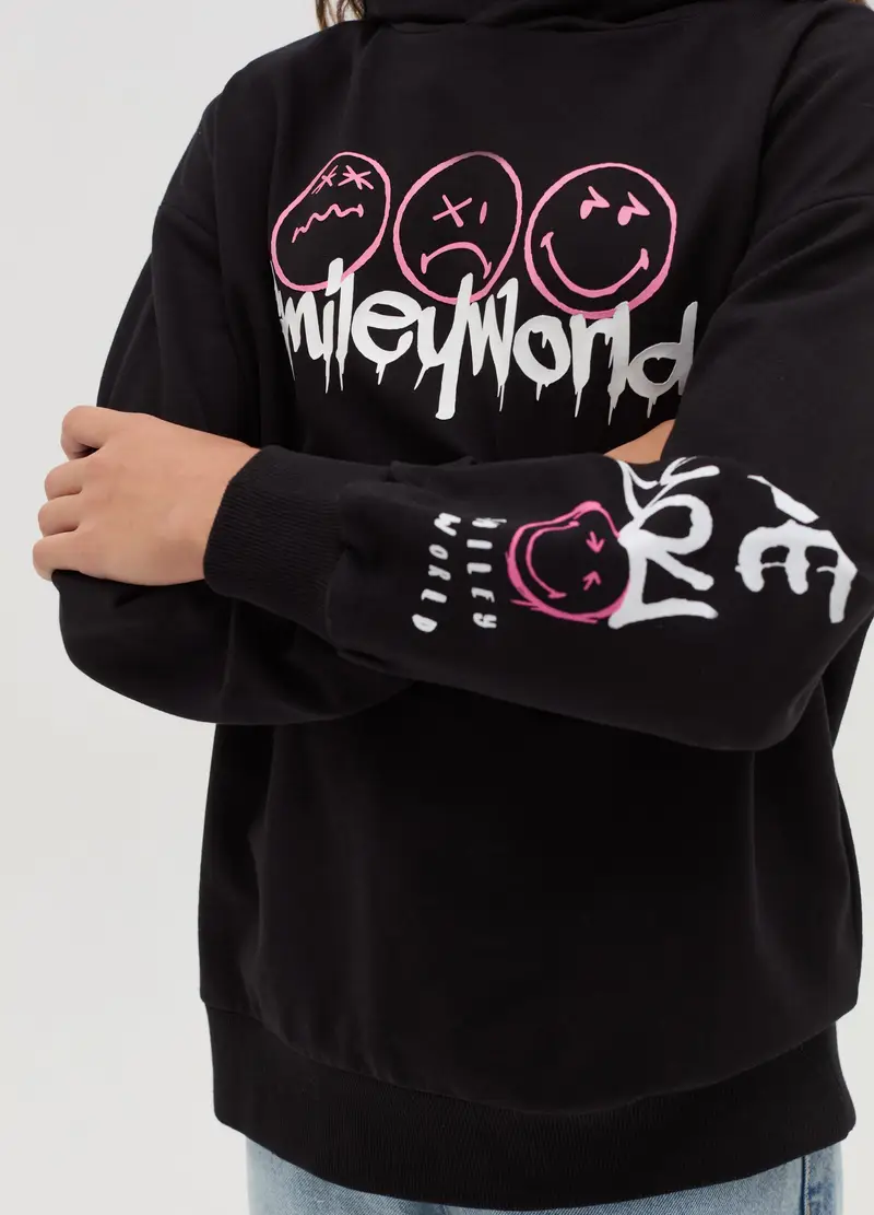 Felpa Con Cappuccio Stampa "smiling World", Bambina, Nero miniatura 2