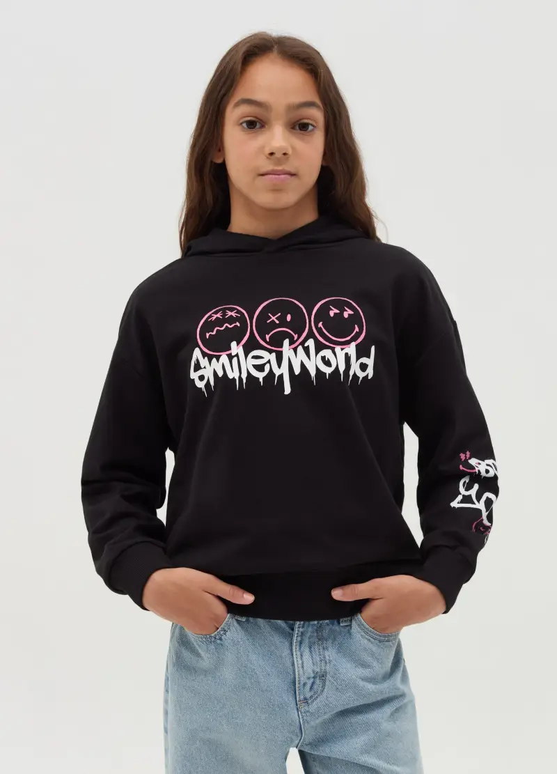 Felpa Con Cappuccio Stampa "smiling World", Bambina, Nero