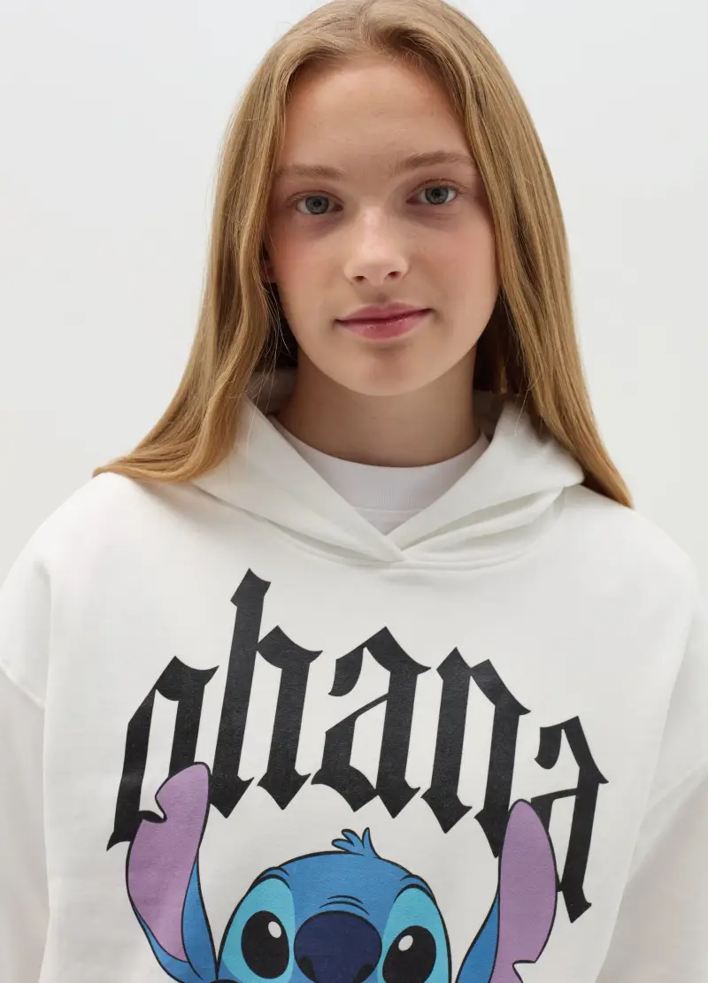 Felpa Con Cappuccio Stampa Stitch "ohana", Bambina, Bianco miniatura 3