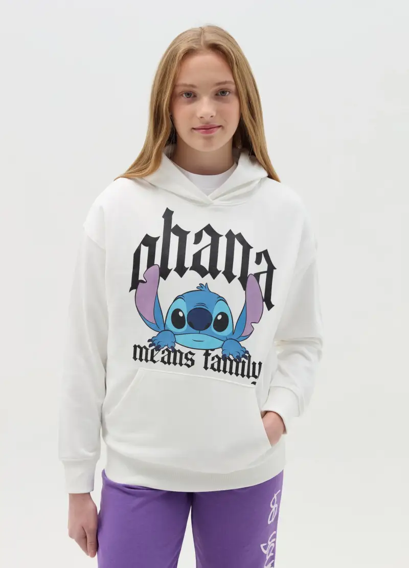 Felpa Con Cappuccio Stampa Stitch "ohana", Bambina, Bianco