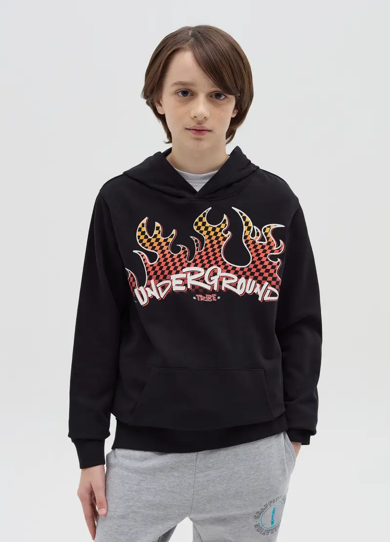 Felpa Con Cappuccio Stampa "underground Tribe", Bambino, Nero