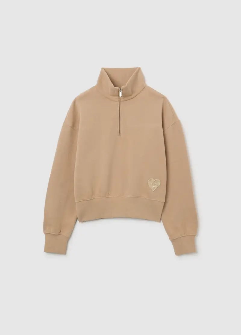 Felpa Con Mezza Zip Beige Da Ragazza In Misto Cotone Relaxed Fit, Bambina, Beige