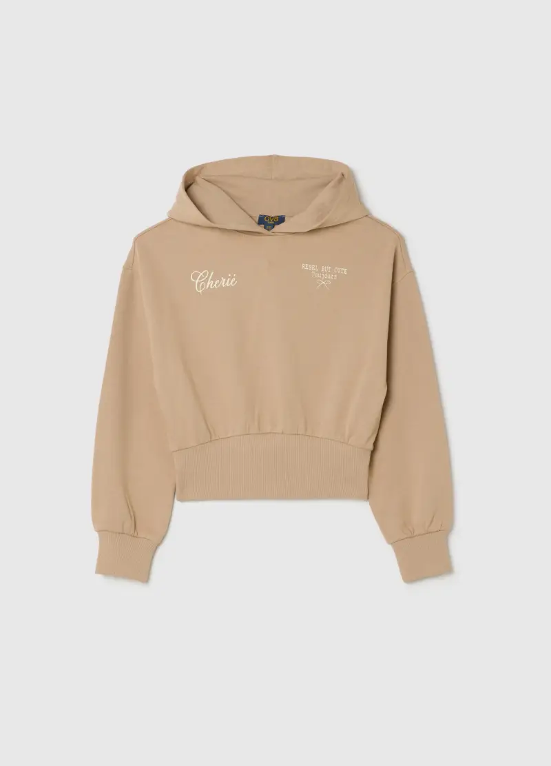 Felpa Corta Beige Da Ragazza In Puro Cotone Regular Fit, Bambina, Beige