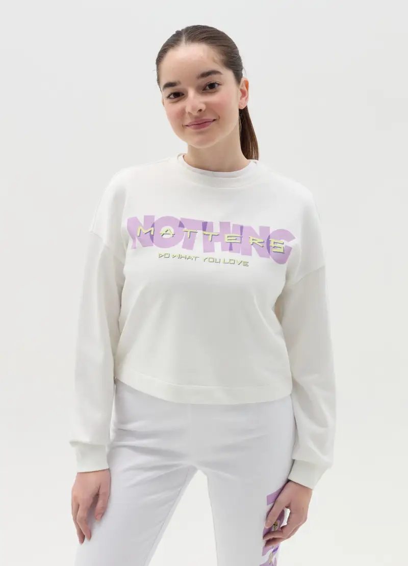 Felpa Crop Con Stampa, Bambina, Bianco
