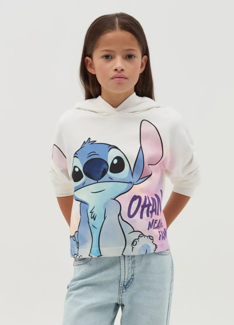 Felpa Crop Con Stampa Stitch, Bambina, Bianco