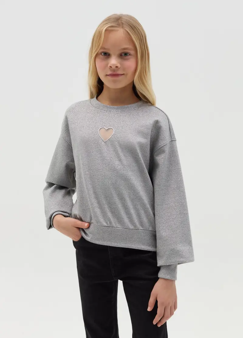 Felpa Crop In Lurex Con Ricamo Cuore, Bambina, Grigio